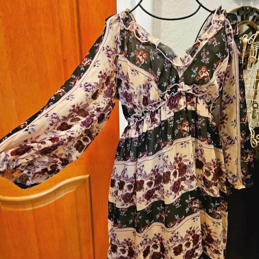 Crystal Doll Purple and Cream Ruffled Ruched Long Sleeve Sundress